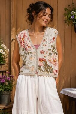 VTG Floral Embroidered Cotton Ramie Linen Sweater Vest Petite Large Cottagecore